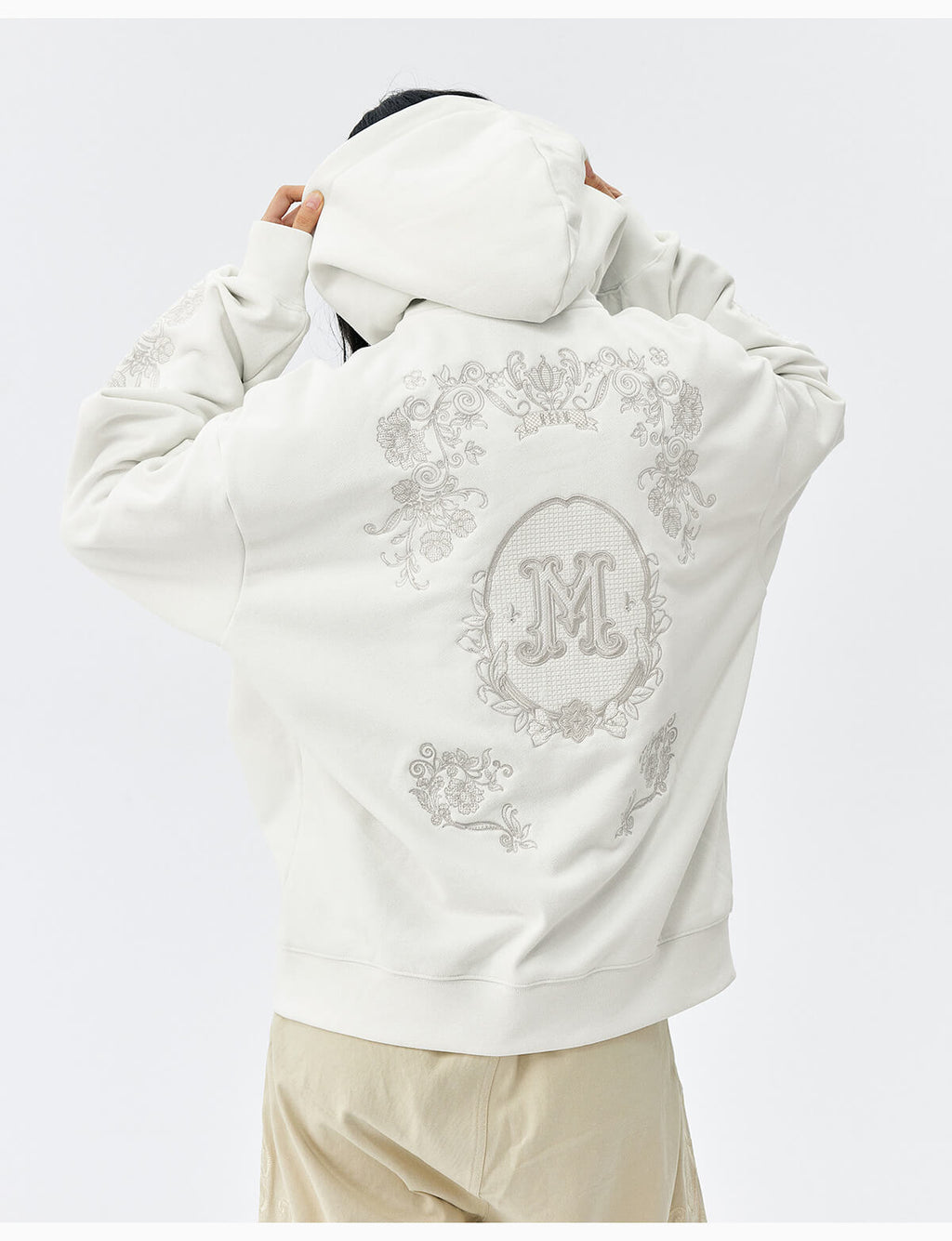 MEDM Patterned Flower Embroidered Zip Up Hoodie