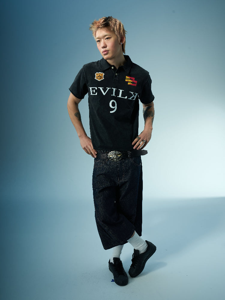 EVILKNIGHT(EK) Embroidered and Logo Printed Washed Polo