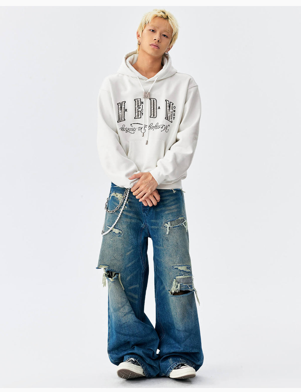 MEDM M Buckled Drawstring Pearl Logo Embroidered Hoodie