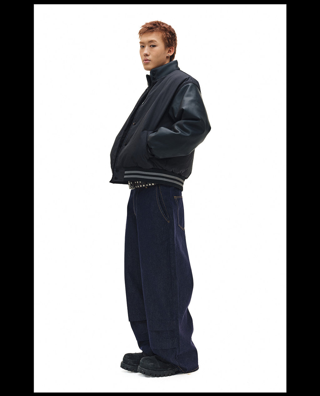 NOVACAM PU Leather Sleeve Puffer Varsity Jacket
