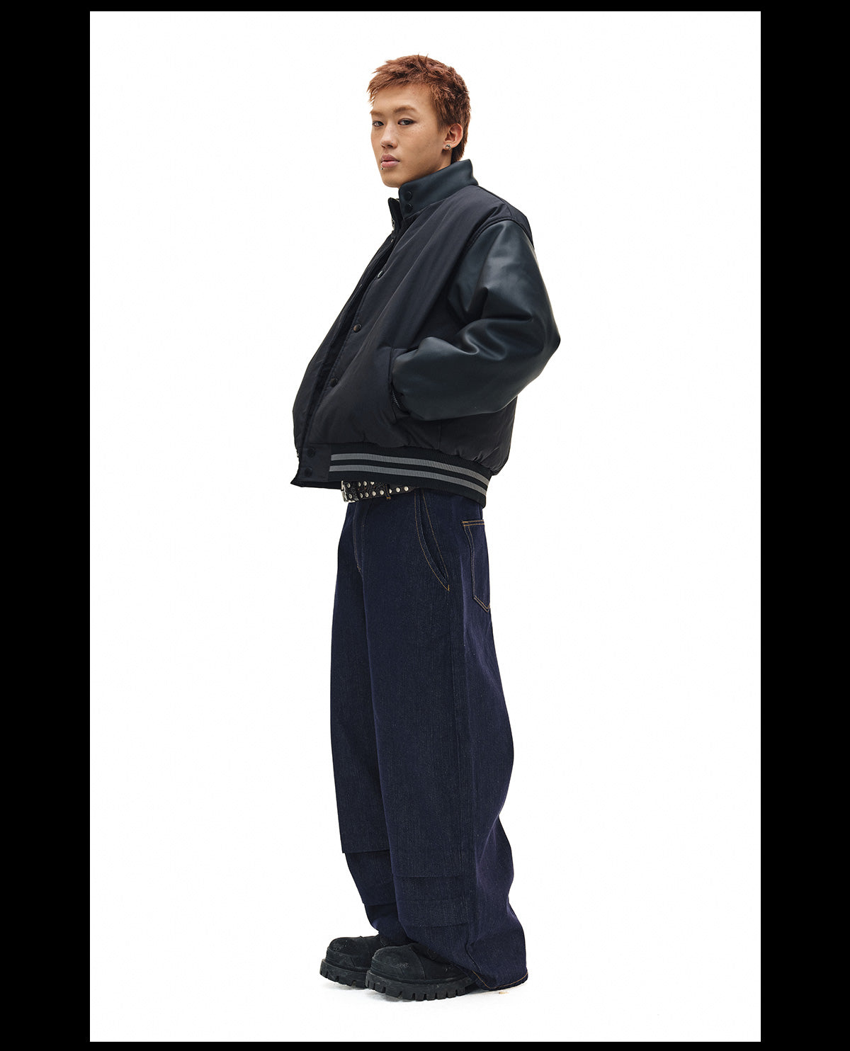 NOVACAM PU Leather Sleeve Puffer Varsity Jacket