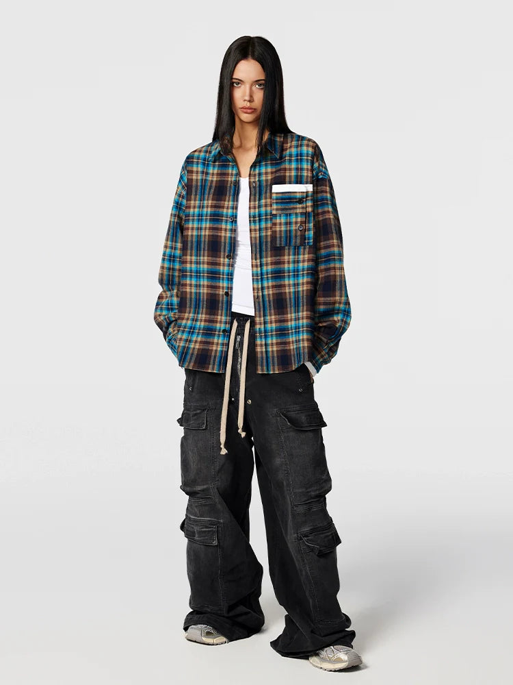 Achock Design Pocket Plaid Long Sleeved Shirt