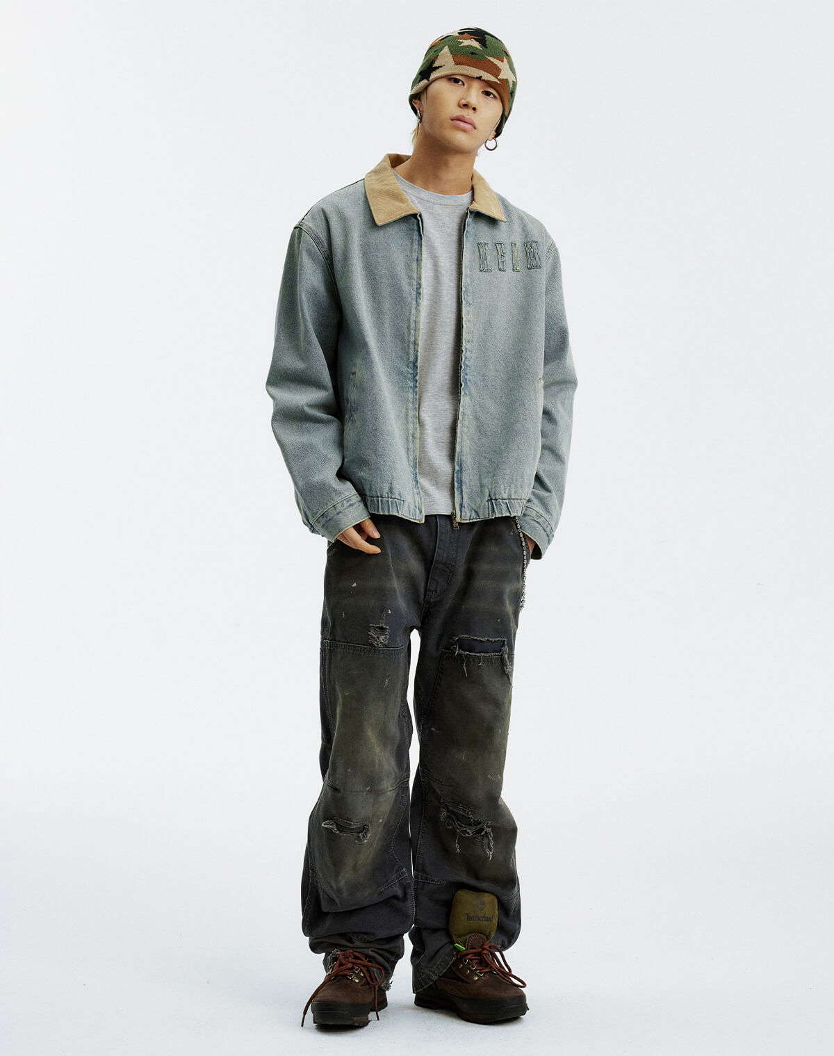 MEDM Corduroy Collar Washed Denim Jacket