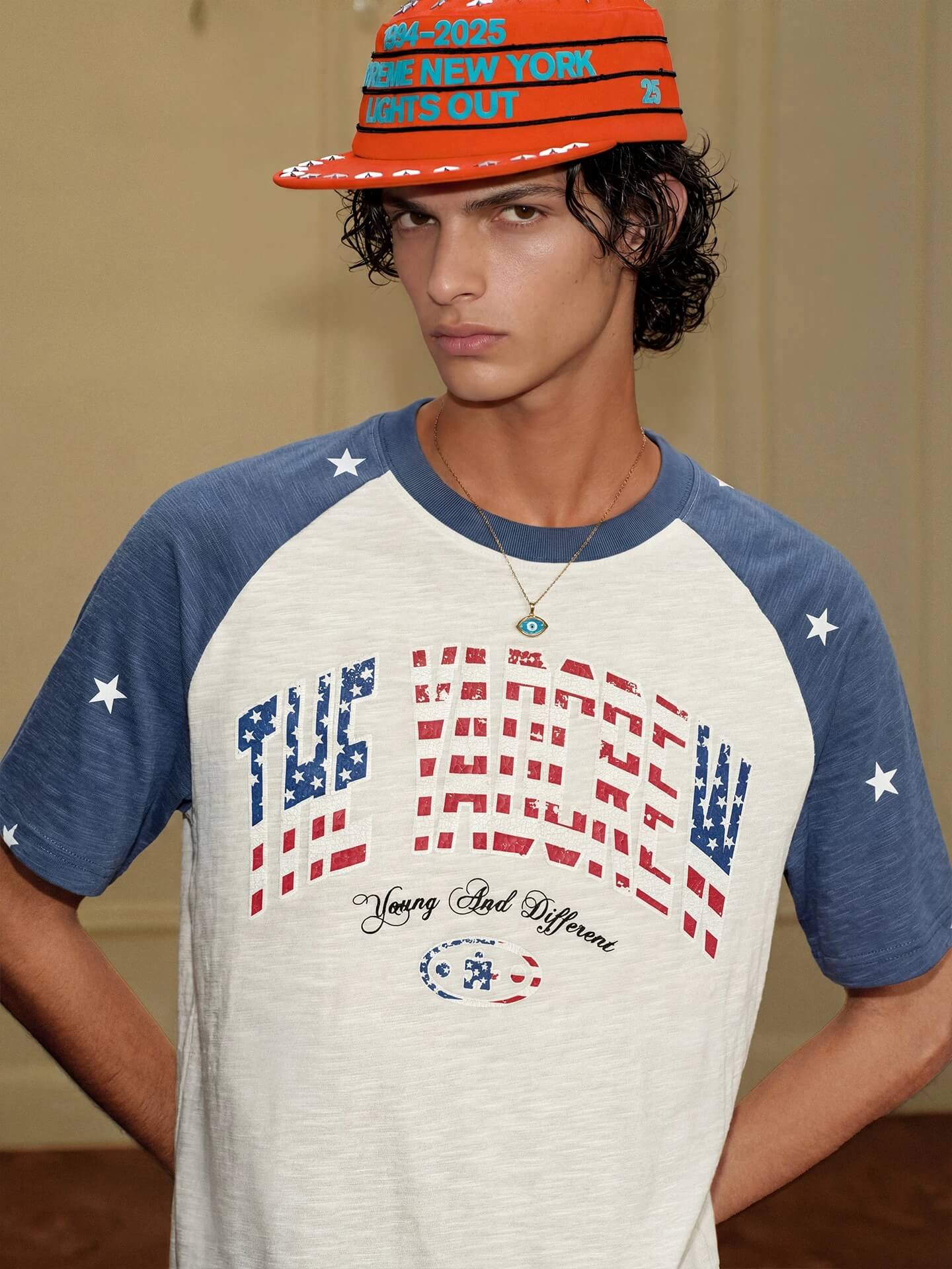 YADcrew American Star Print Raglan Color Block Tee