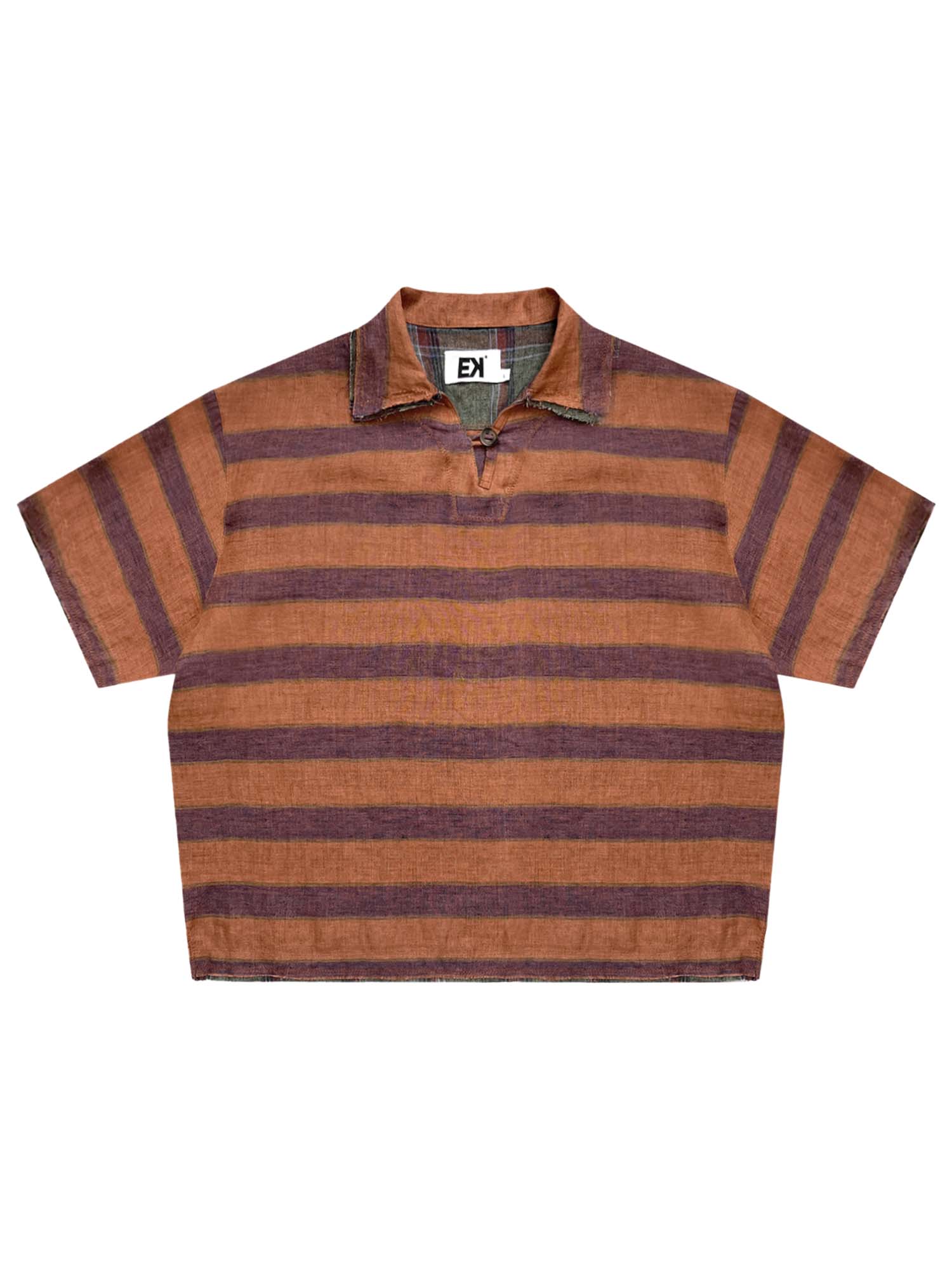 EVILKNIGHT(EK) Striped Plaid Tie-Dye Linen Polo Shirt