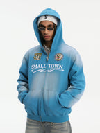Small Town Kid Washed Badge Letter Printed Zip-Up Hoodie