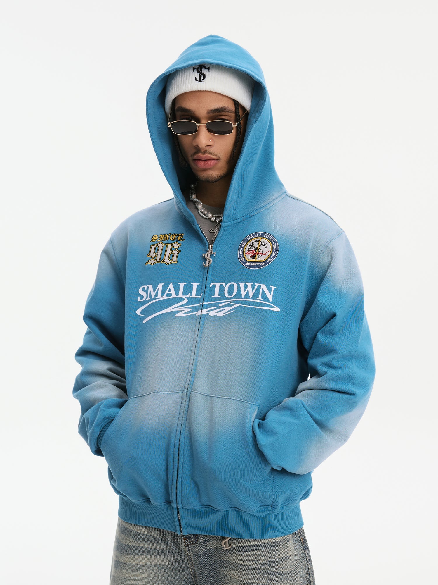 Small Town Kid Washed Badge Letter Printed Zip-Up Hoodie