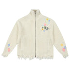 MEDM Frayed Hem Floral Embroidered Knit Cardigan