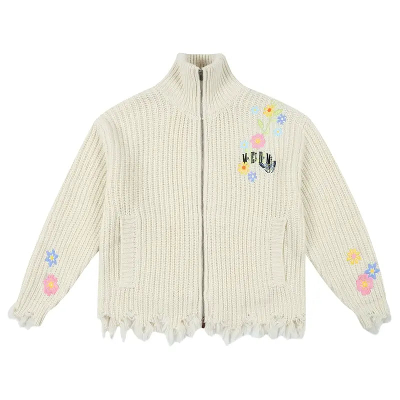MEDM Frayed Hem Floral Embroidered Knit Cardigan