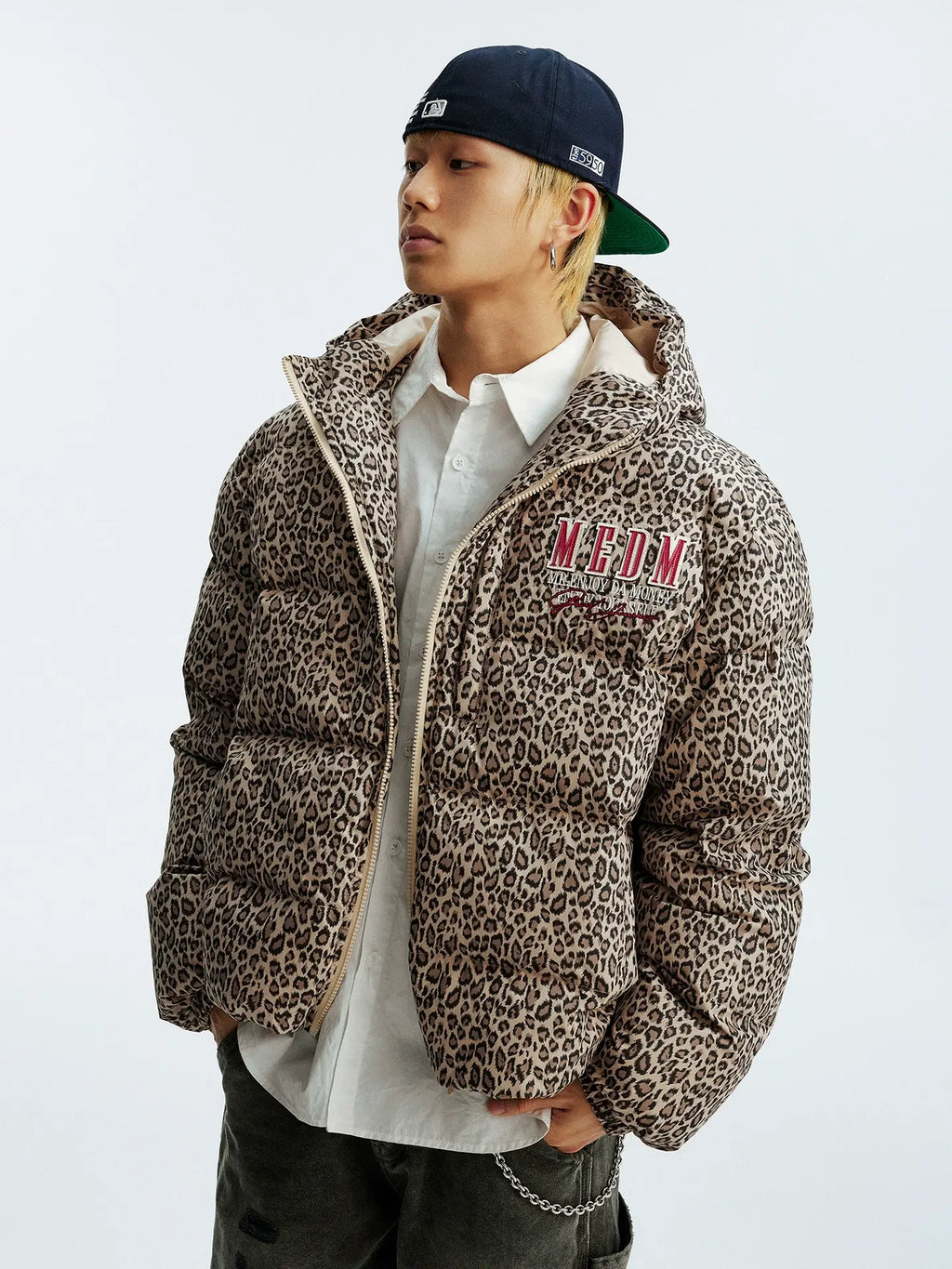 MEDM Leopard Leather Patch Puffer Jacket