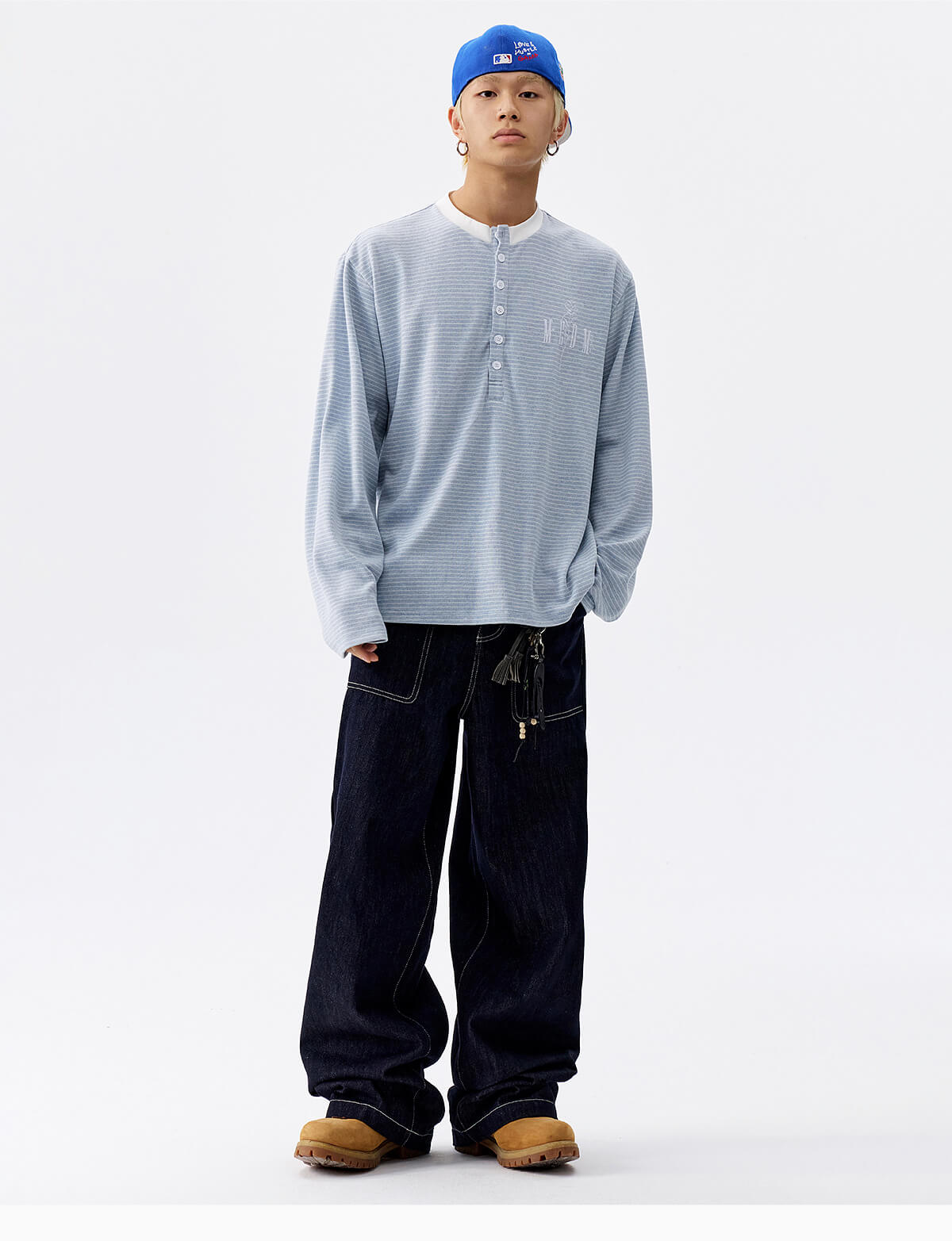MEDM Rose Embroidered Striped Henley Long Sleeve Tee