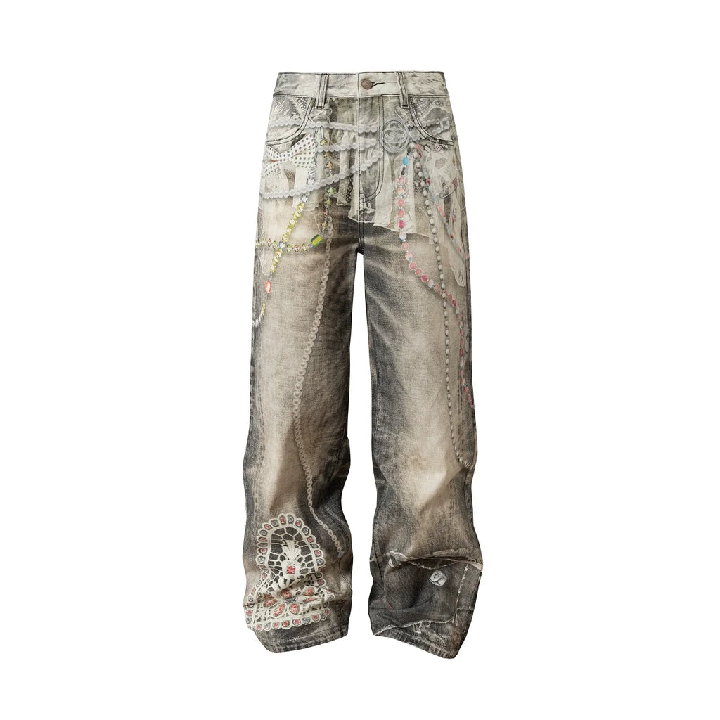 YADcrew Lace Color Bead Chain Photorealistic Print Jeans