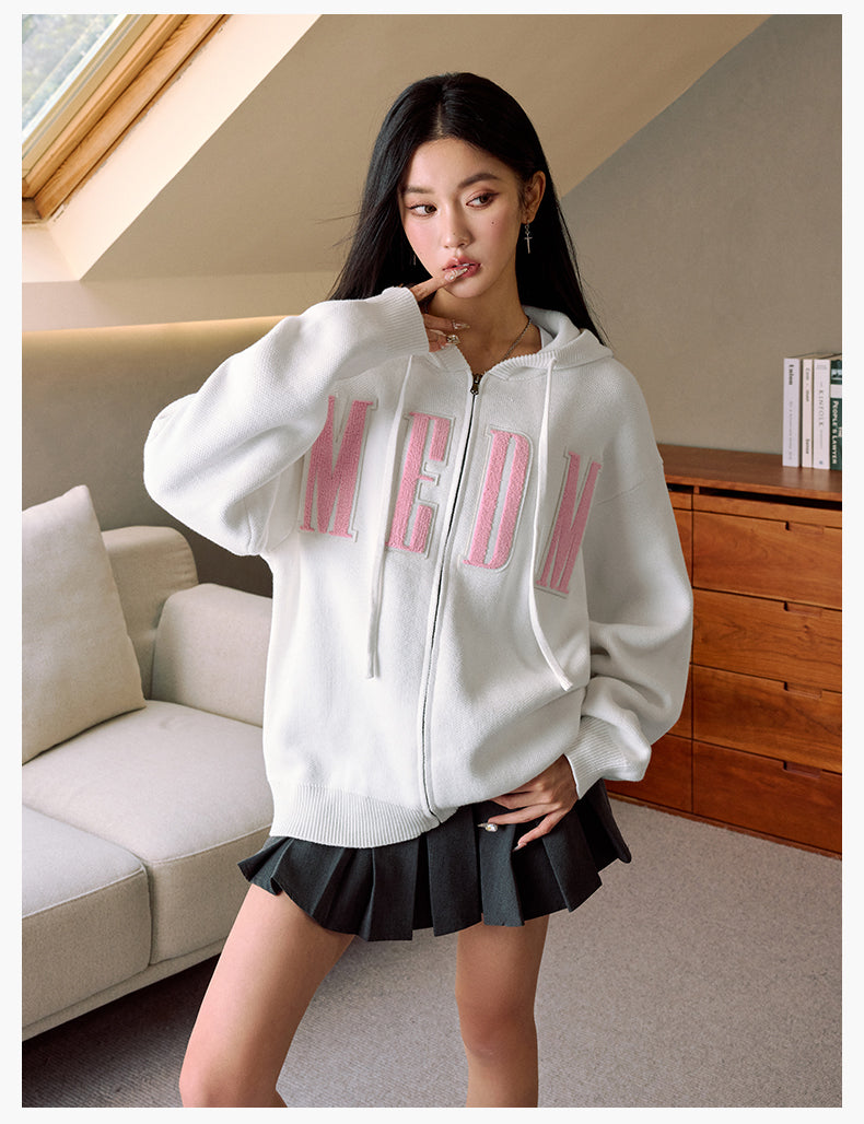MEDM Basic Embroidered Logo Zip Up Knit Hoodie
