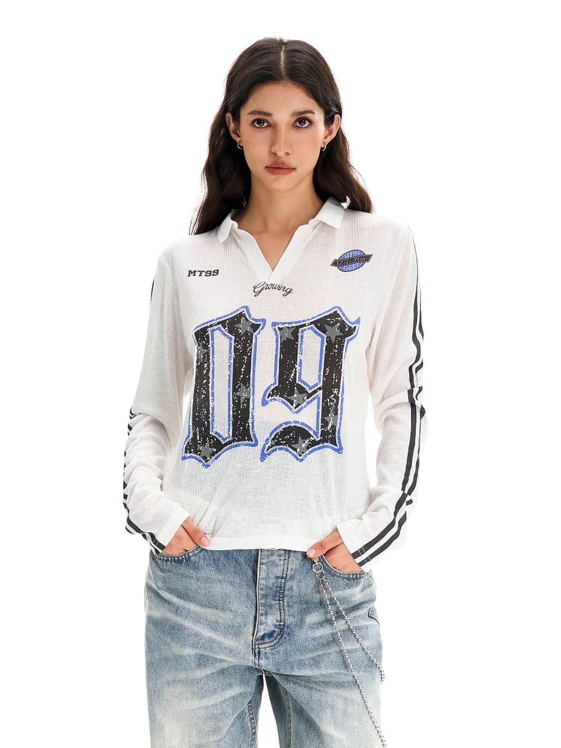 F3F Select Numbering Stripe Sleeve Mesh Long Sleeve Polo Jersey