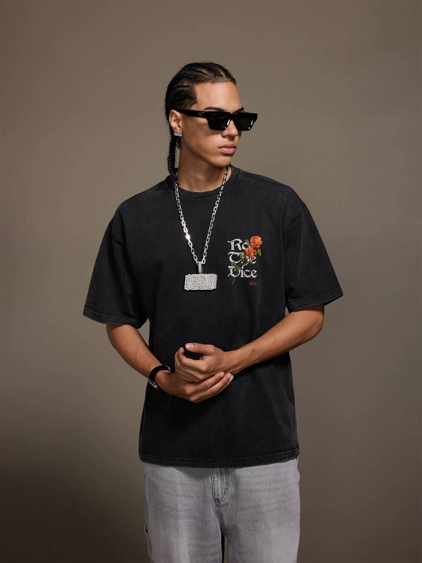 1807 Vintage Cracked Rose Print Washed Short Sleeve Tee