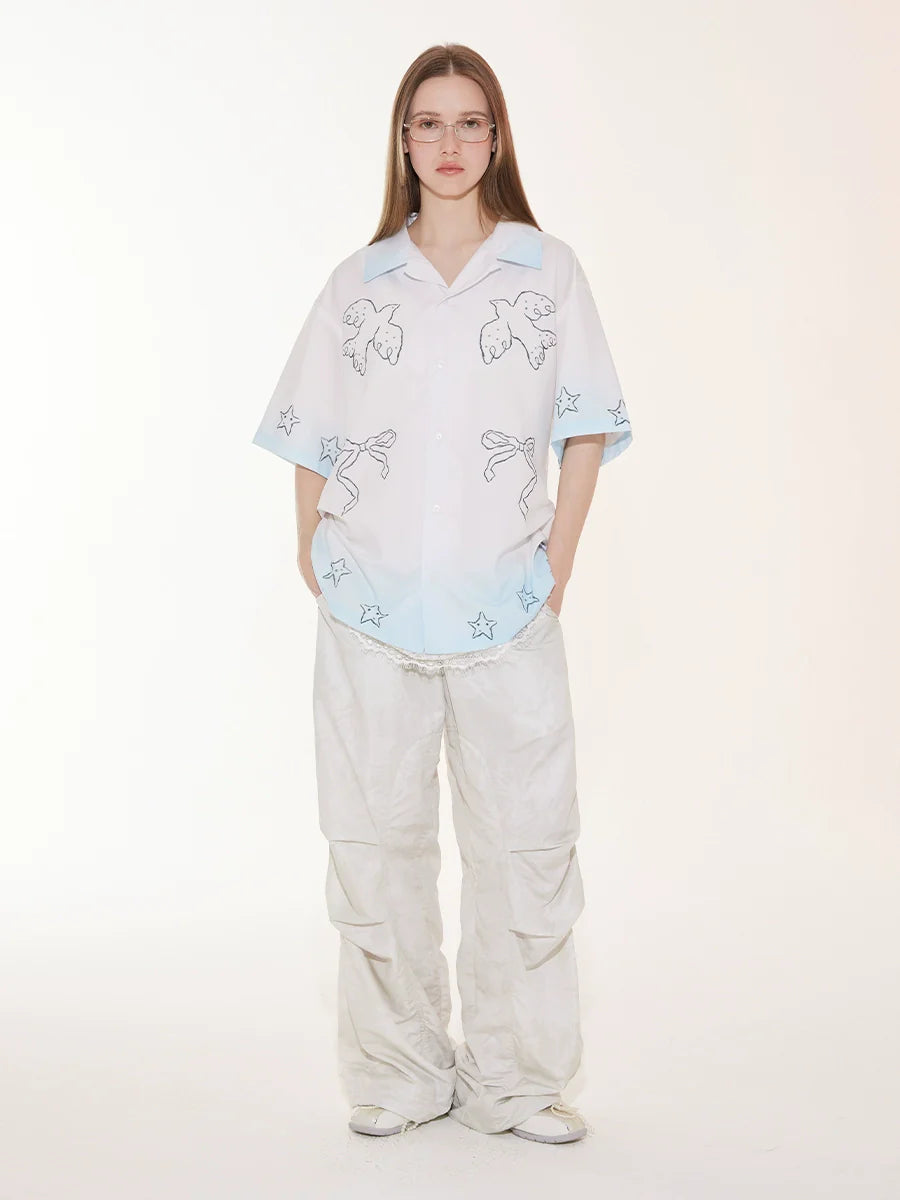 EMPTY REFERENCE Gradient Pigeon Print Short Sleeve Shirt