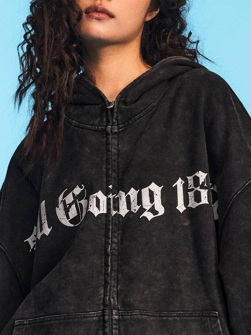 1807 Gothic Printed Washed Zip Up Hoodie