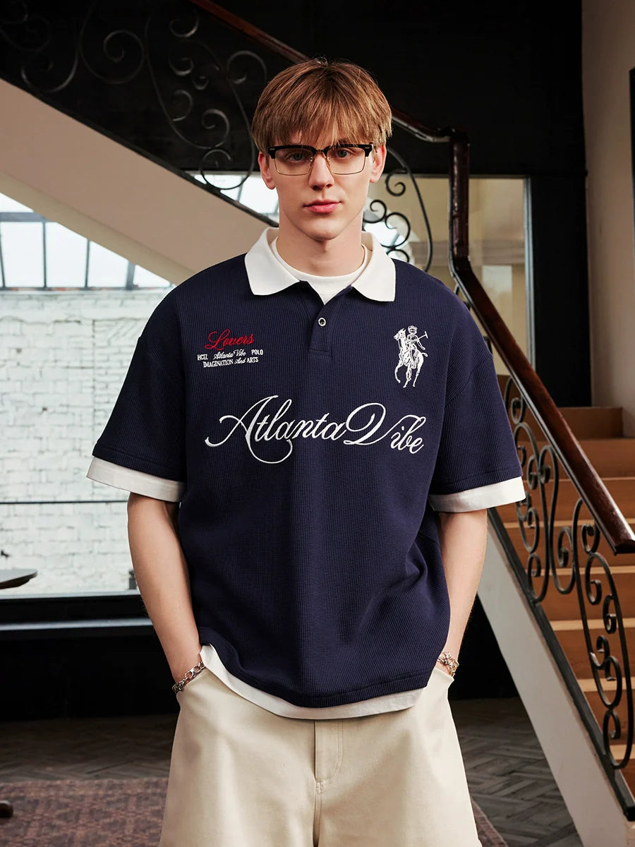 Harsh and Cruel Waffle Knit Embroidered Layered Polo