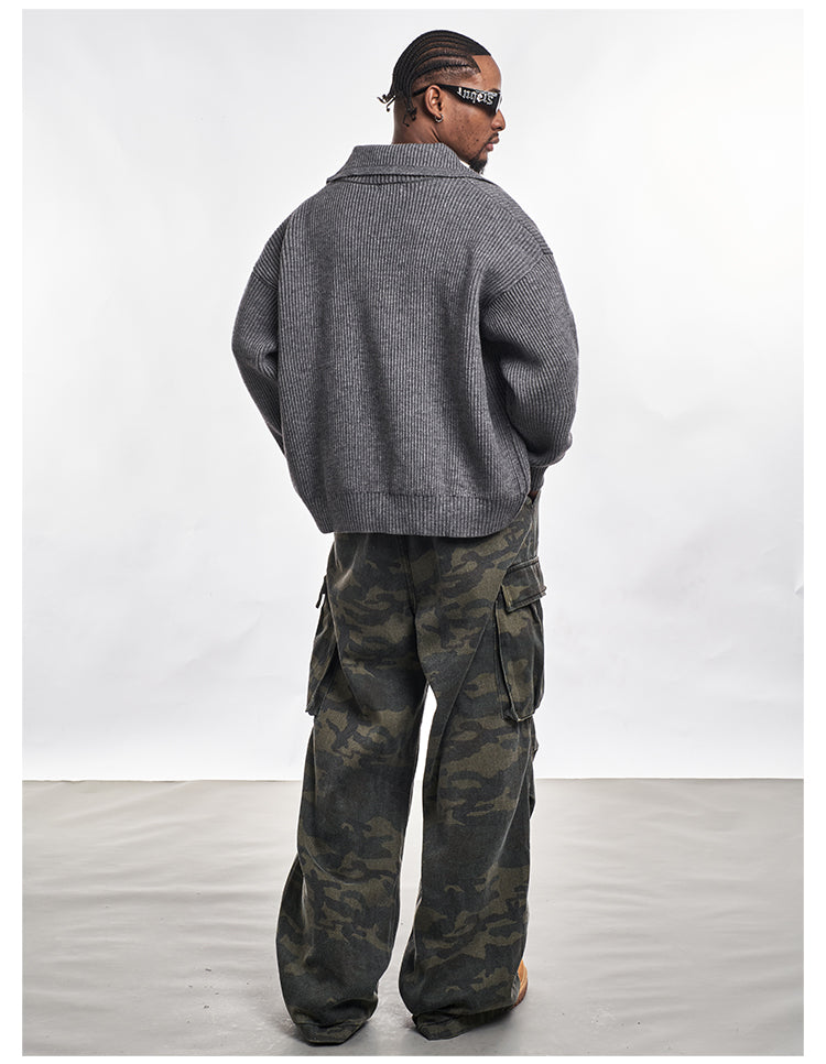 F3F Select Wide Lapel Gray Button Knit Cardigan