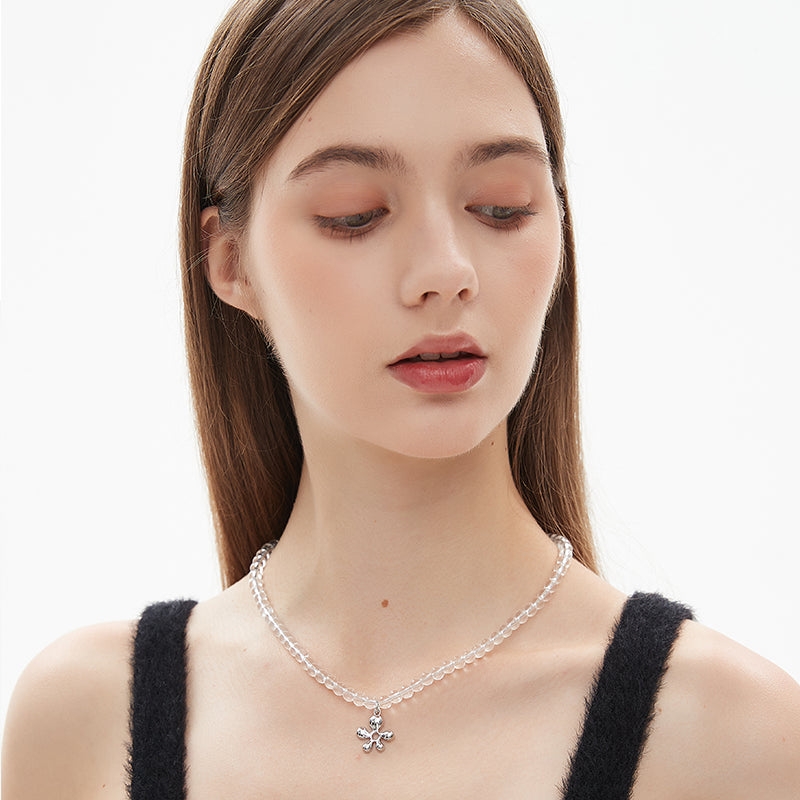 AWE Silver Irregular Flower Crystal Beaded Necklace