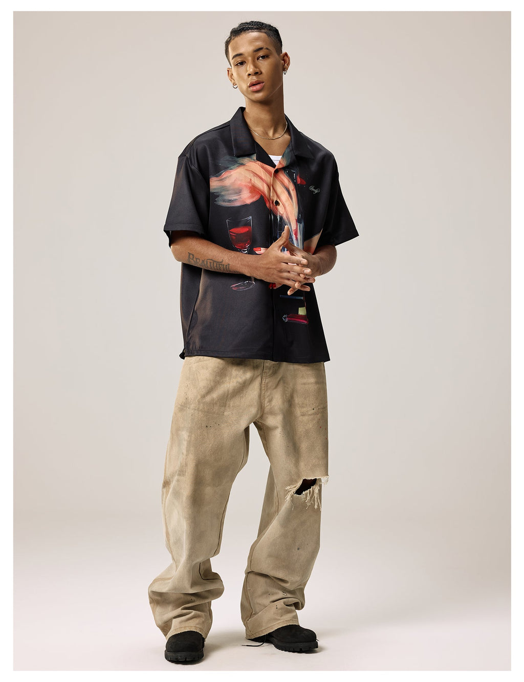 Remedy Finger and Wine Glass Full Print Short Sleeve Cuban Shirt