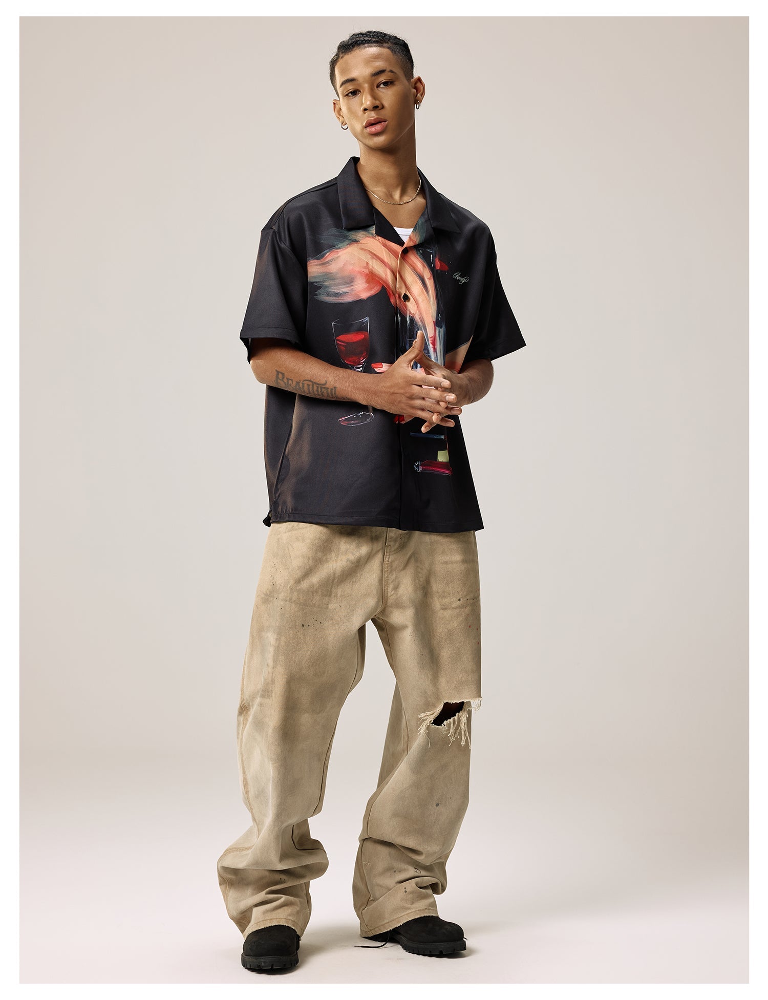 Remedy Finger and Wine Glass Full Print Short Sleeve Cuban Shirt