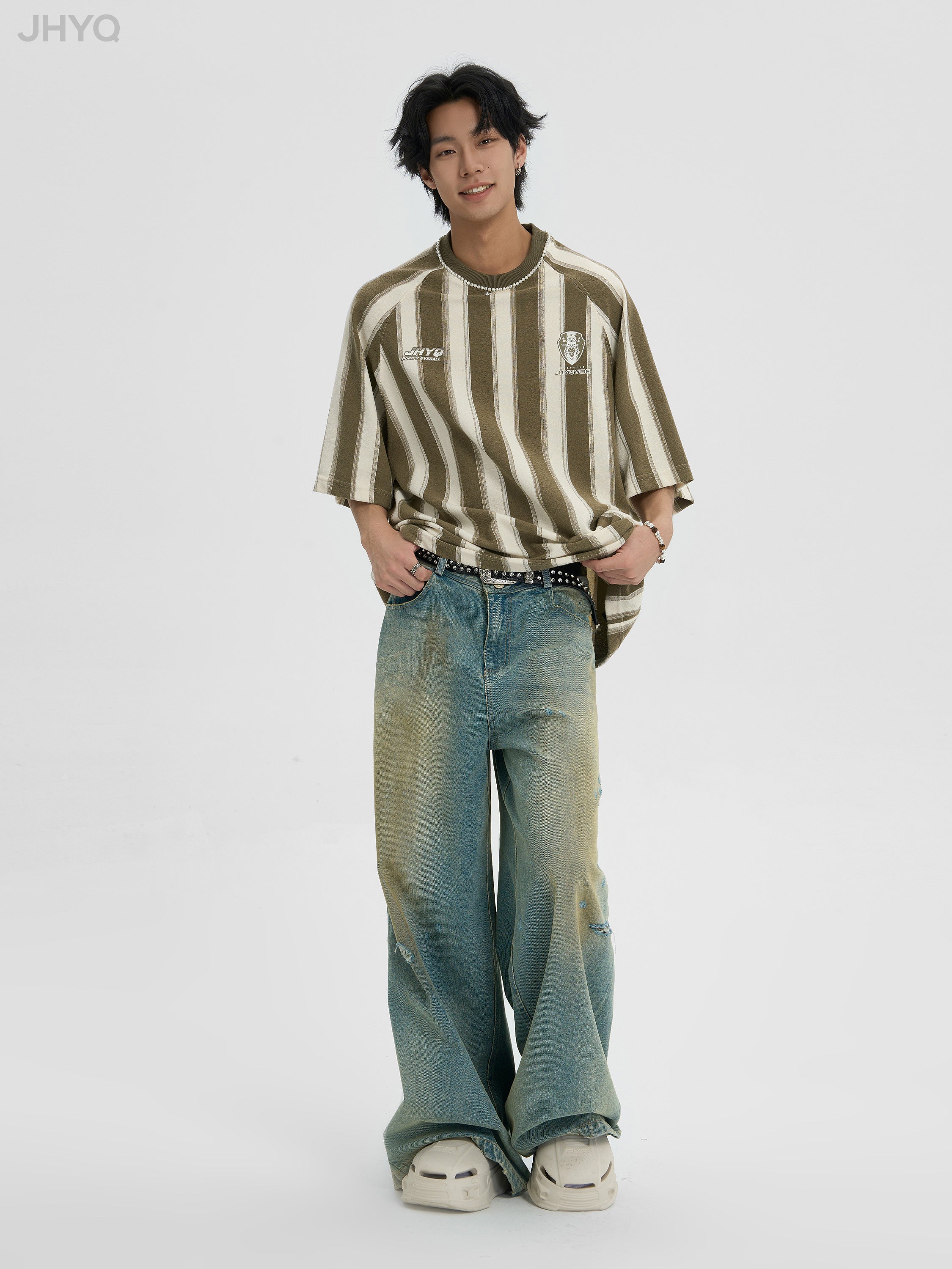 JHYQ Contrast Striped Neck Beaded Tee