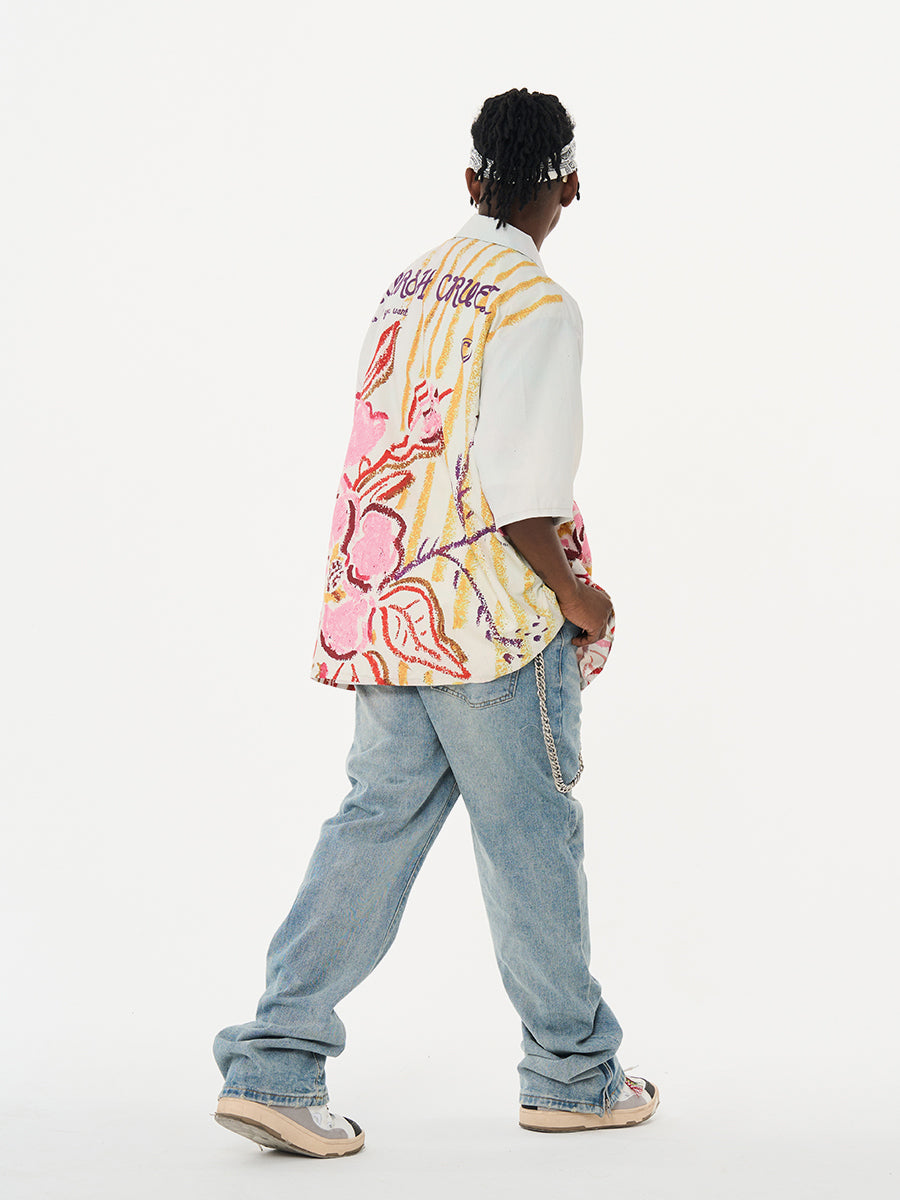 Harsh and Cruel Floral Crayon Drawing Full Print Cuban Shirt