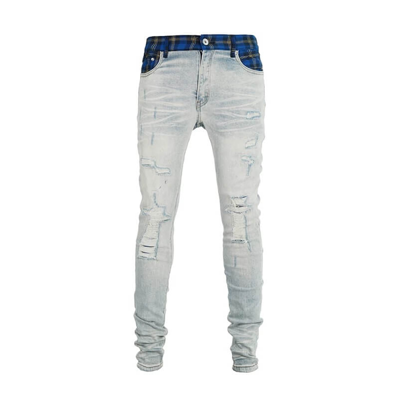 TGFCLUB Plaid Patchwork Waistband Skinny Jeans