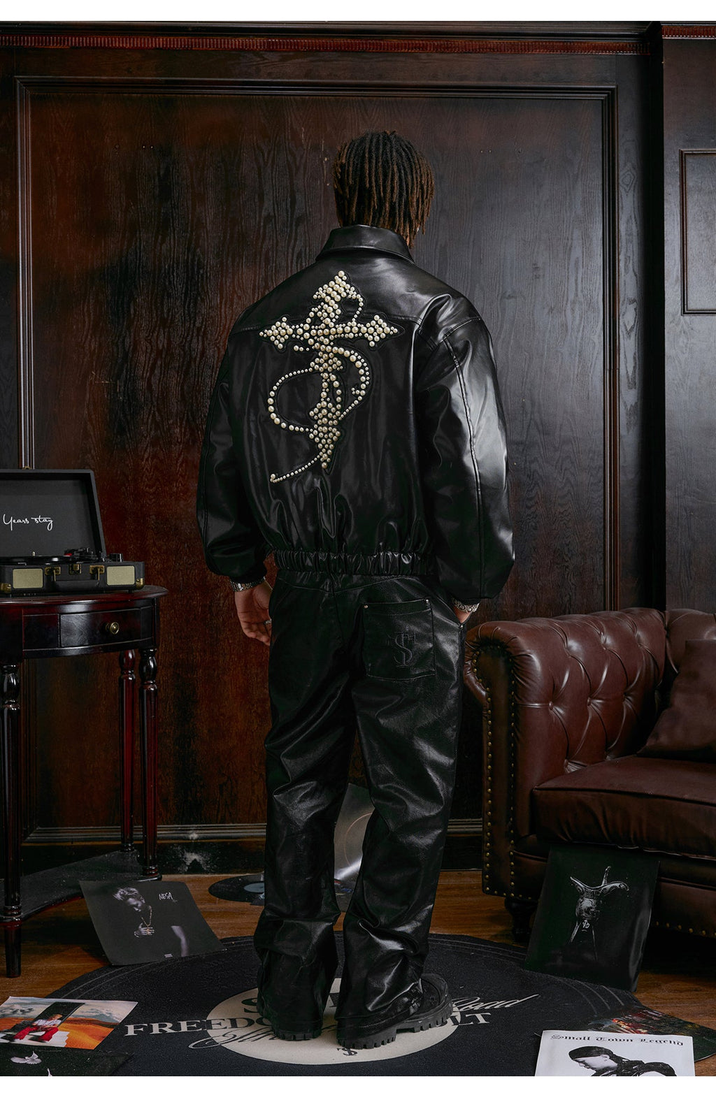Small Town Kid Pearl Cross Logo PU Leather Racing Jacket