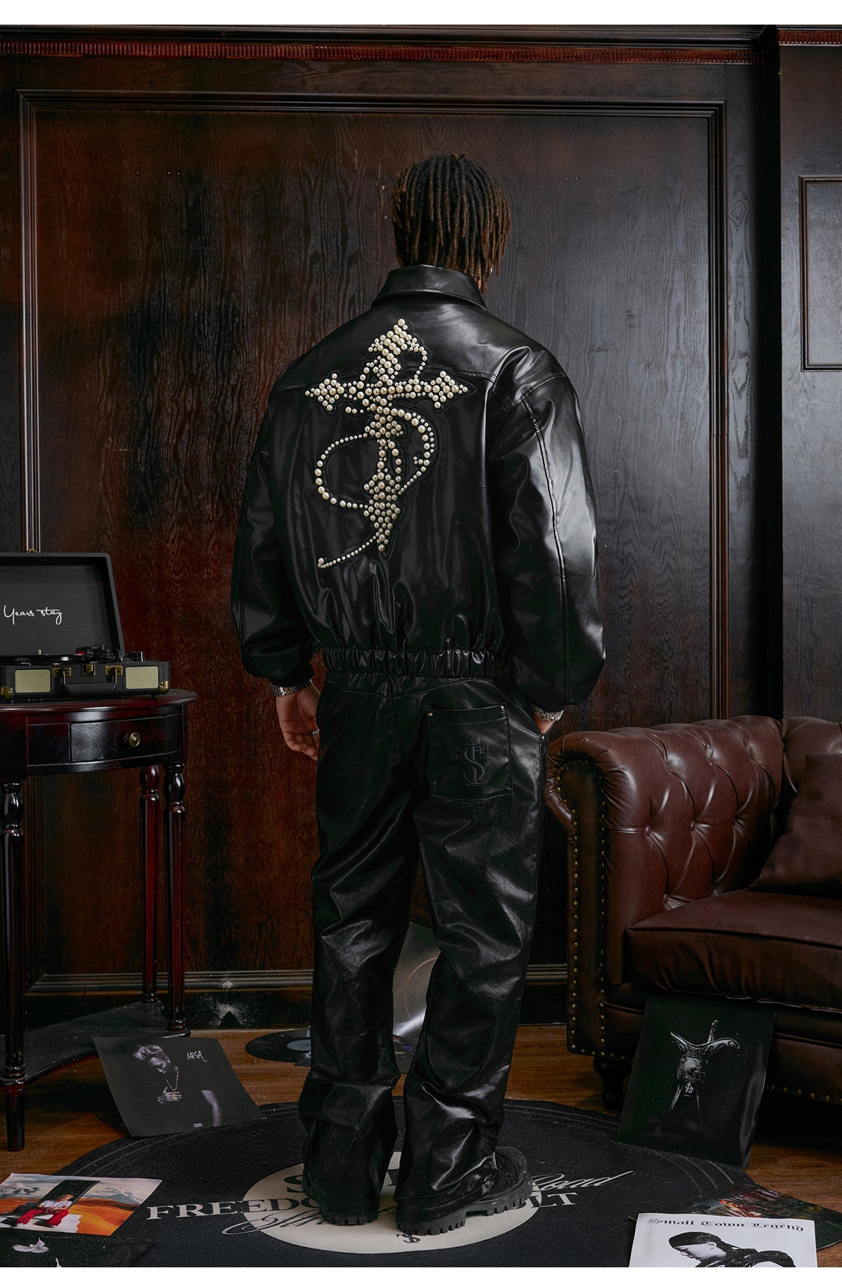 Small Town Kid Pearl Cross Logo PU Leather Racing Jacket