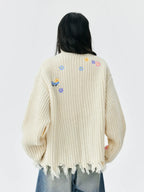 MEDM Frayed Hem Floral Embroidered Knit Cardigan