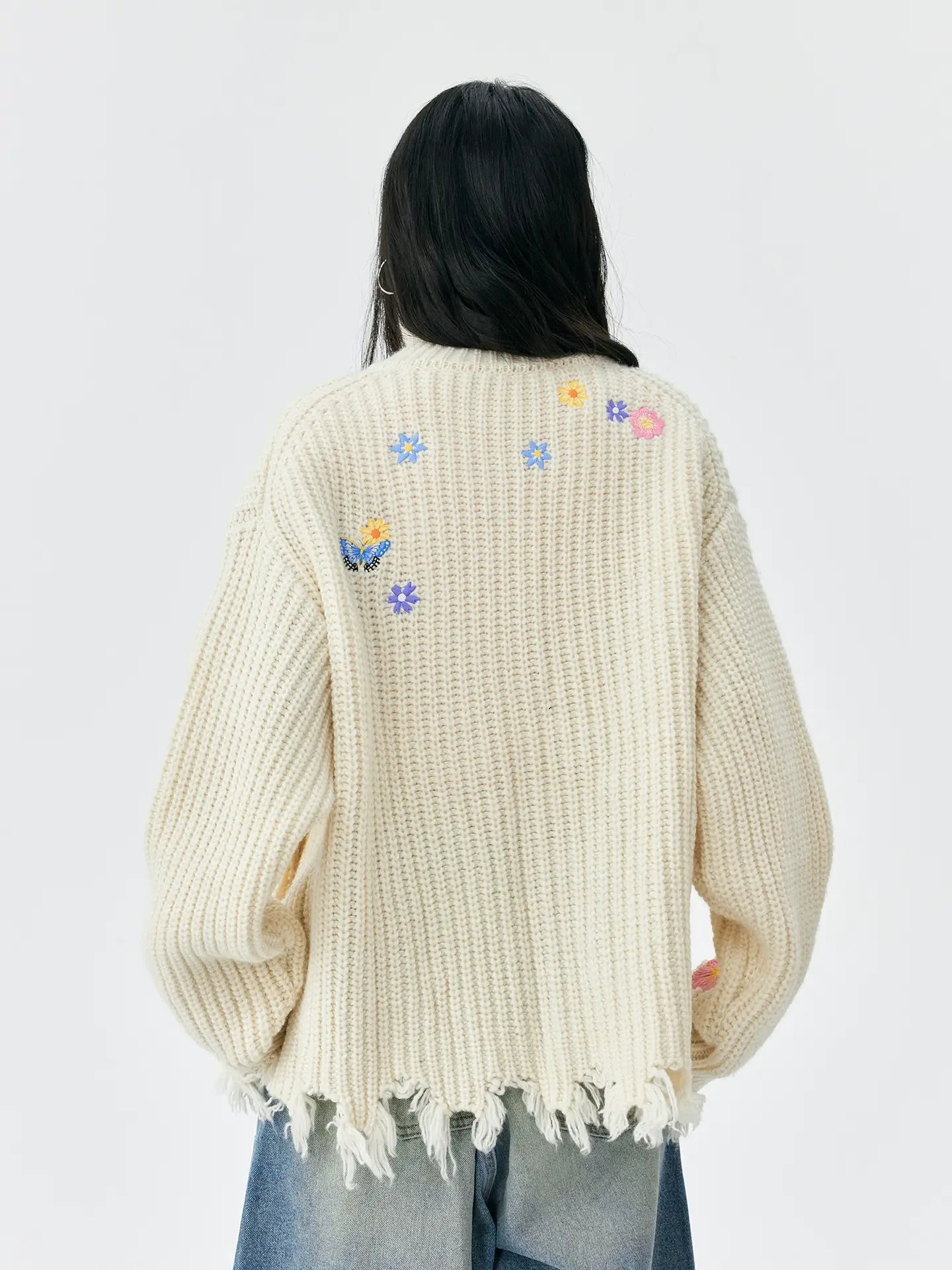 MEDM Frayed Hem Floral Embroidered Knit Cardigan