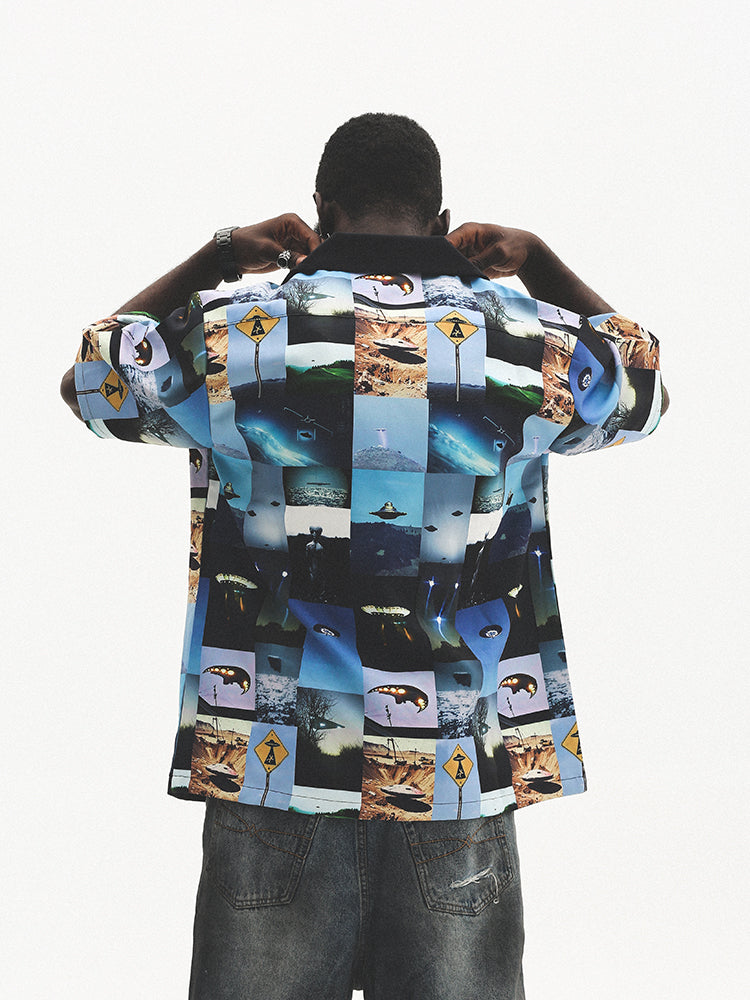 UNTILWERICH Cuban Collar UFO Short Sleeve Shirt
