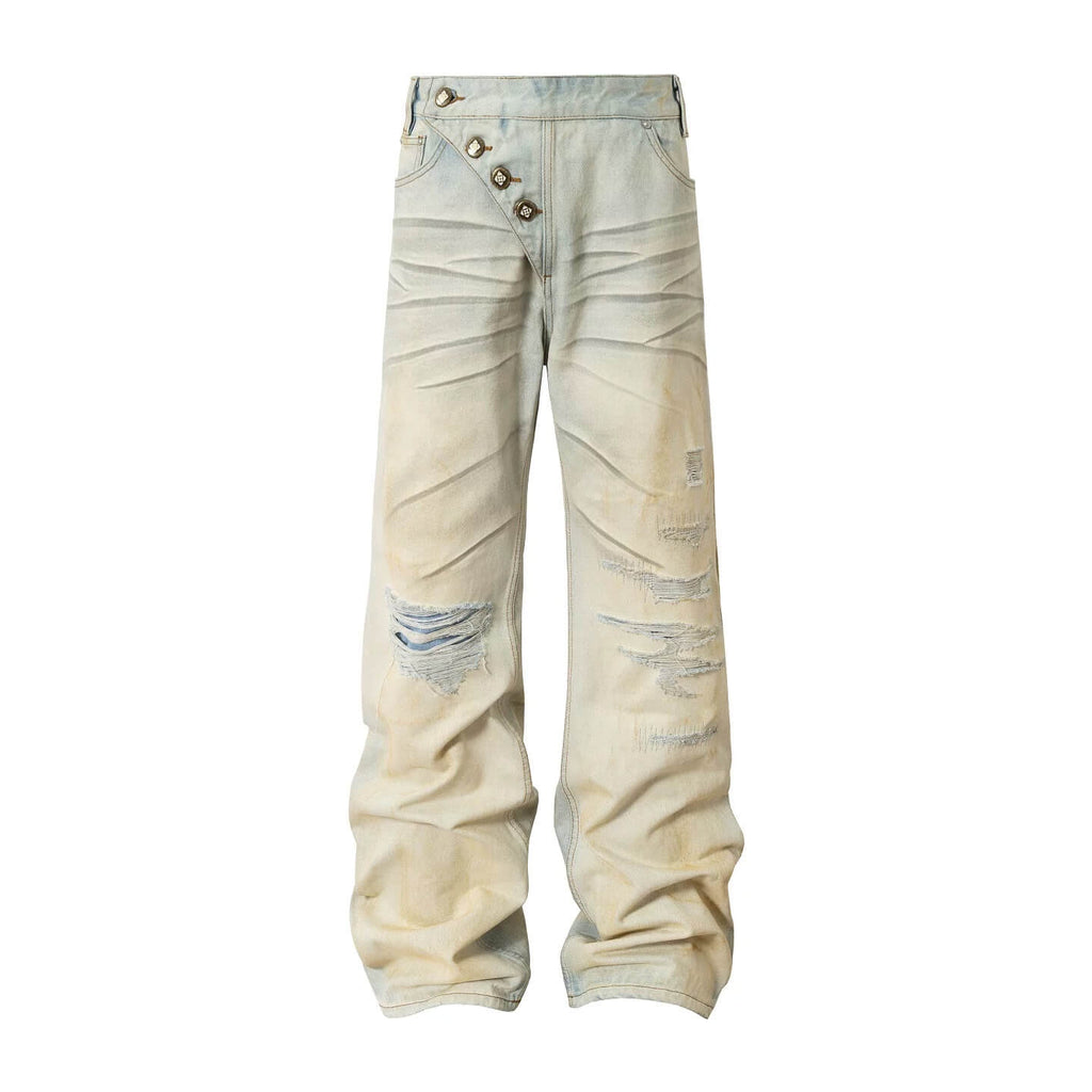 YADcrew Heavy Wash Distressed Cross Motif Button Jeans