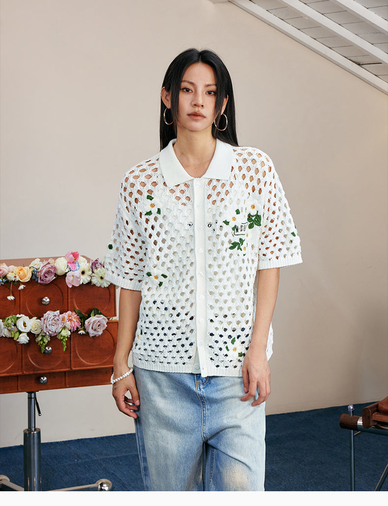 MEDM Flower Embroidery Open Knit Short Sleeve Shirt