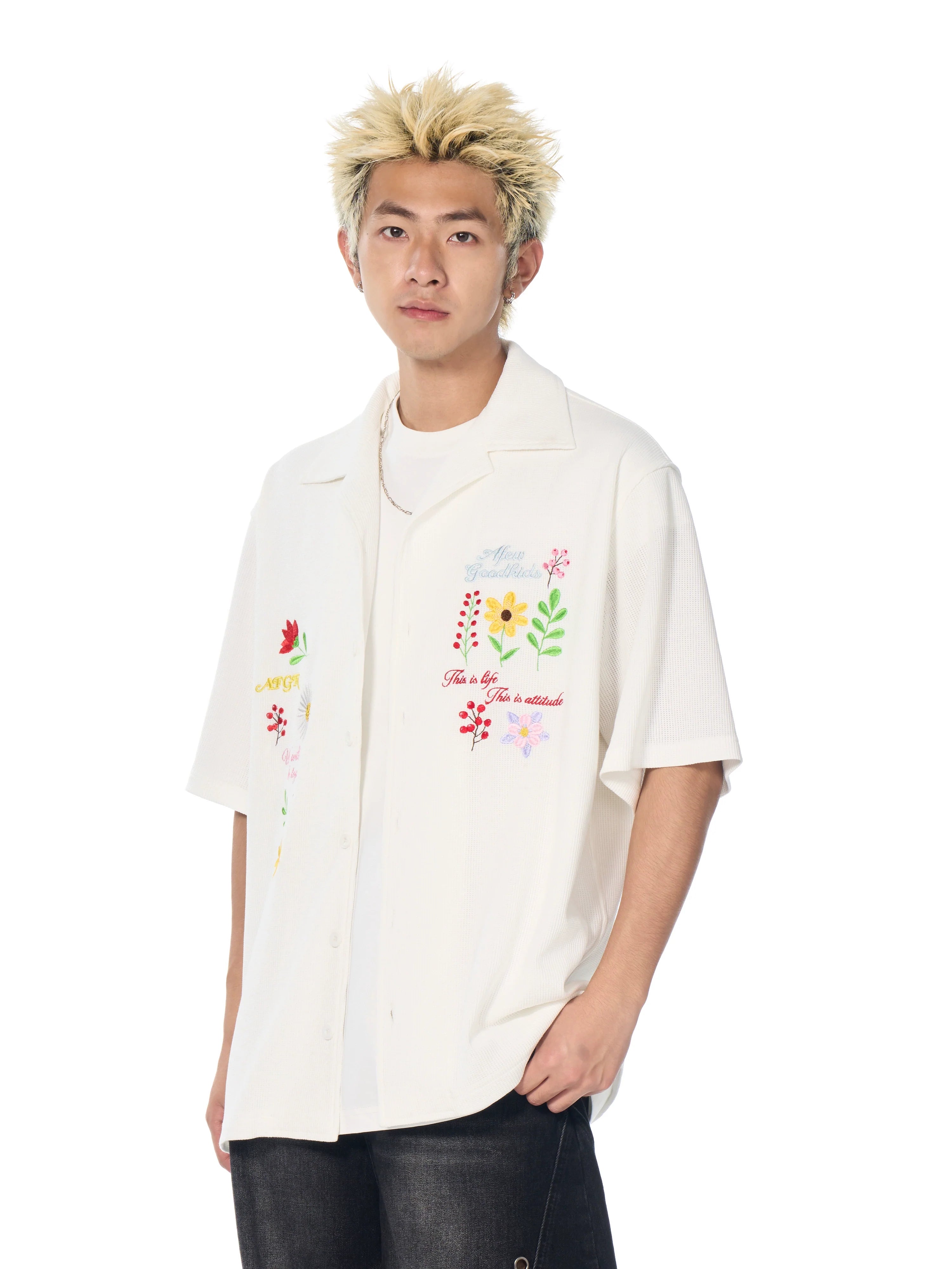 AFGK Floral Embroidered Waffle Short Sleeve Shirt
