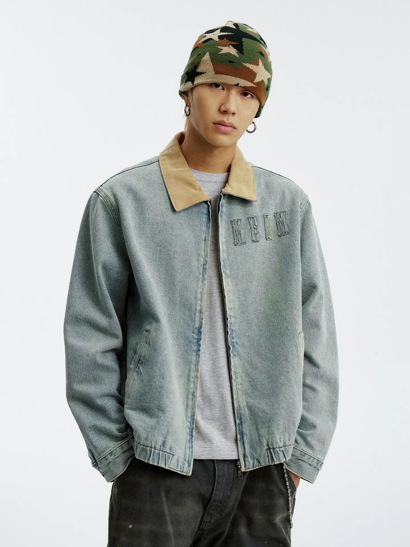 MEDM Corduroy Collar Washed Denim Jacket