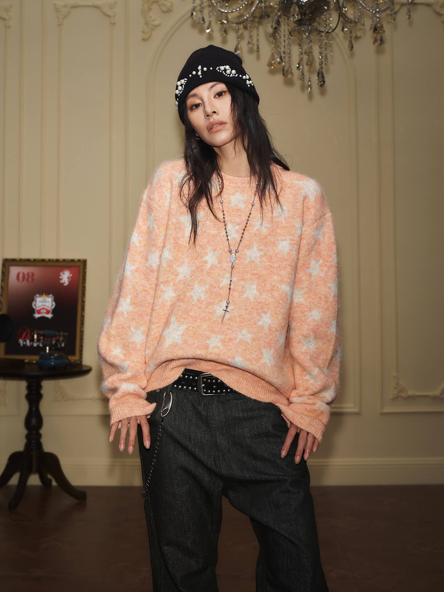 YADcrew All Over Star Fuzzy Knit Sweater
