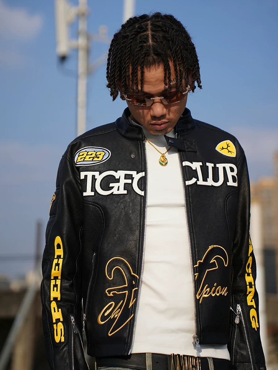 TGFCLUB Heavy Embroidery Racing Leather Jacket