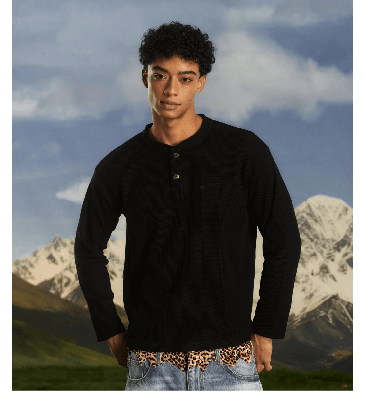 S45 Waffle Henley Neck Long Sleeve Tee