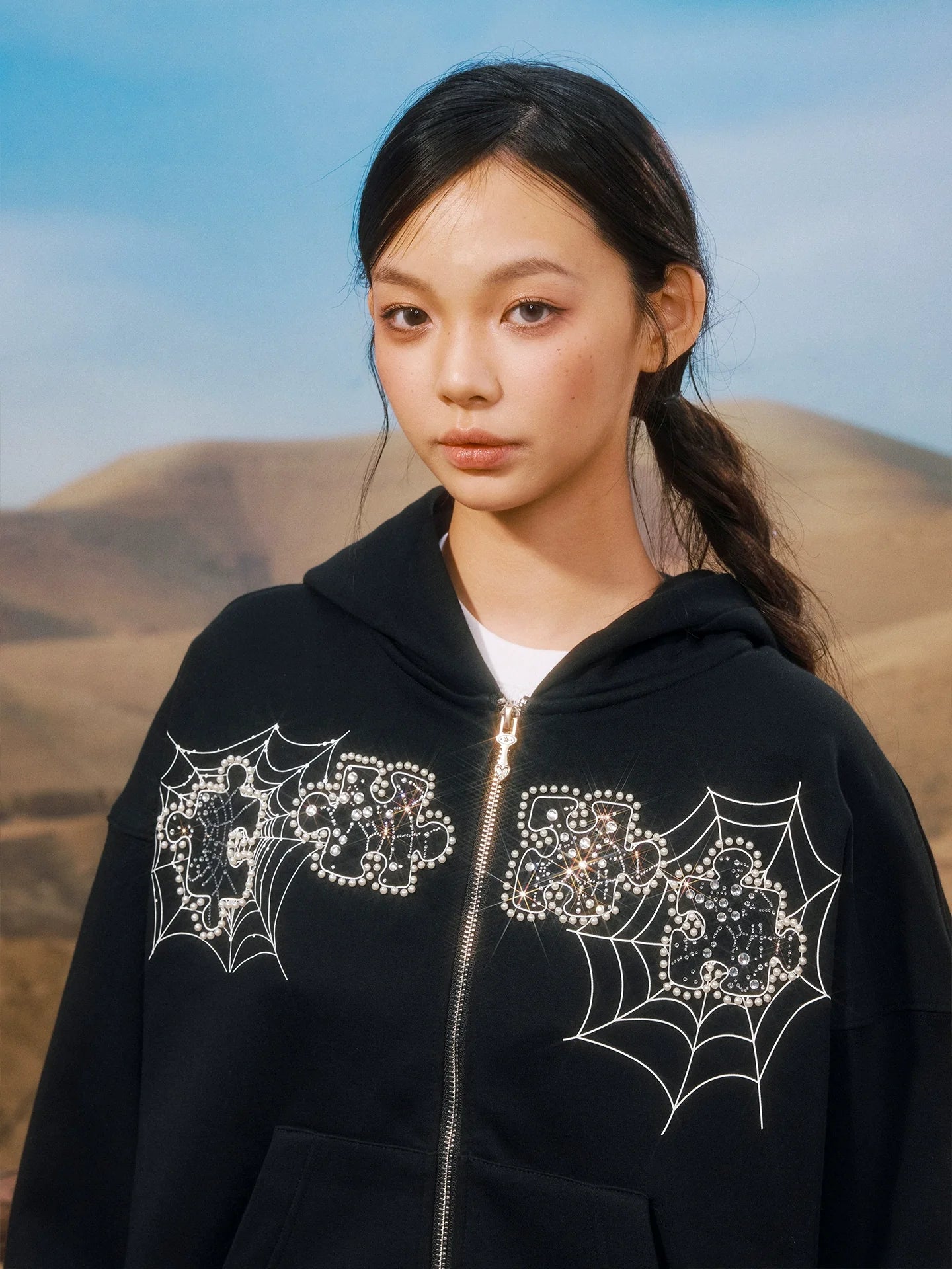 YADcrew Spiderweb Puzzle Pearl Embroidery Zip Up Hoodie