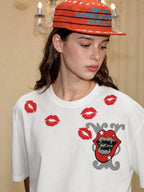 YADcrew Kiss Mark Print Rhinestone Glitter Tee