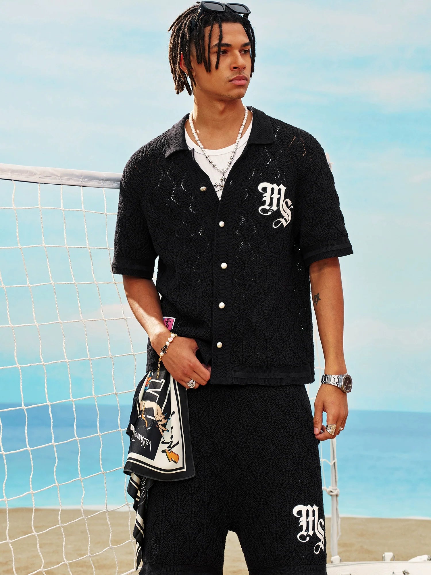 MEDM x STK Patch Embroidery Open Knit Short Sleeve Shirt