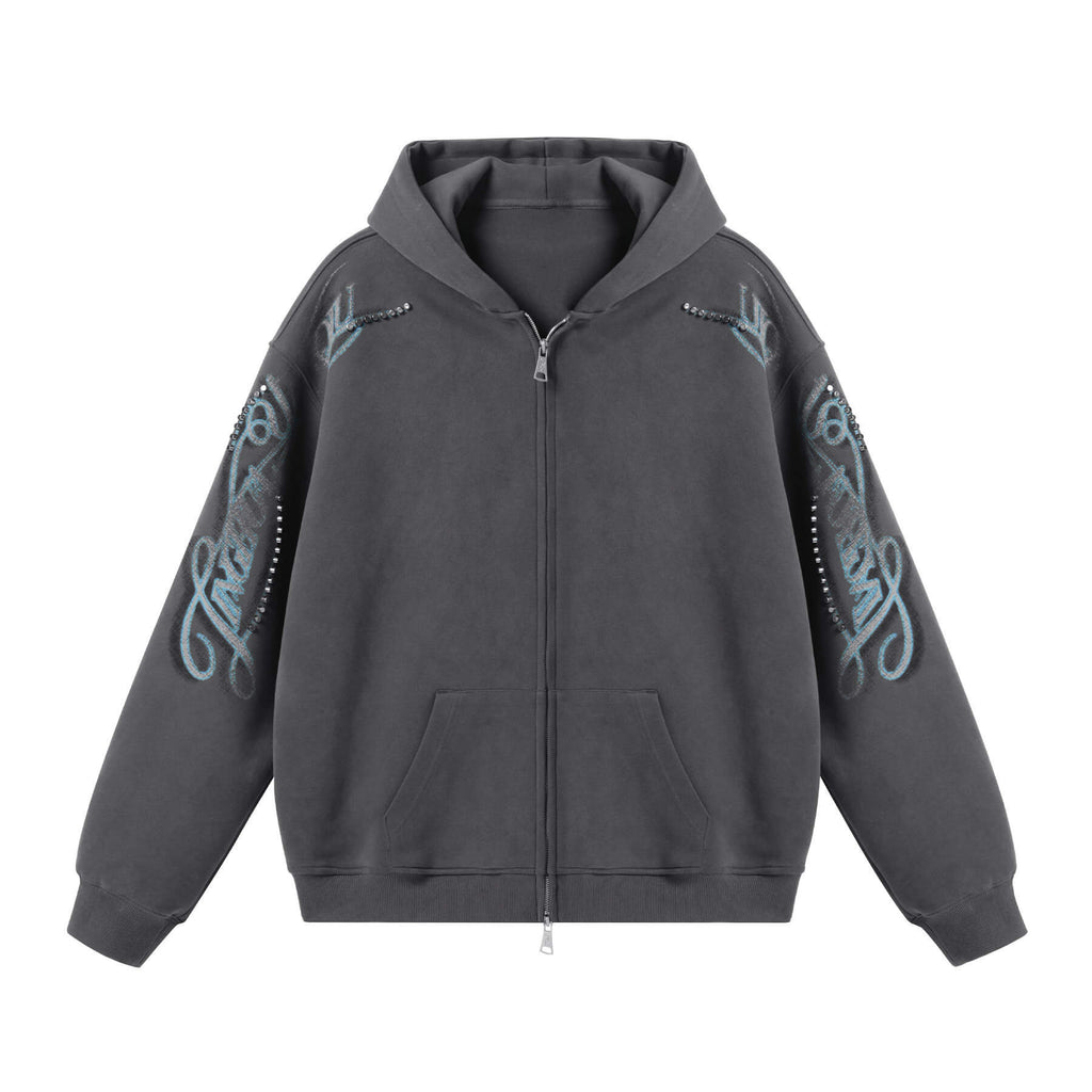 JHYQ Studded Calligraphy Print Double Zipper Hoodie