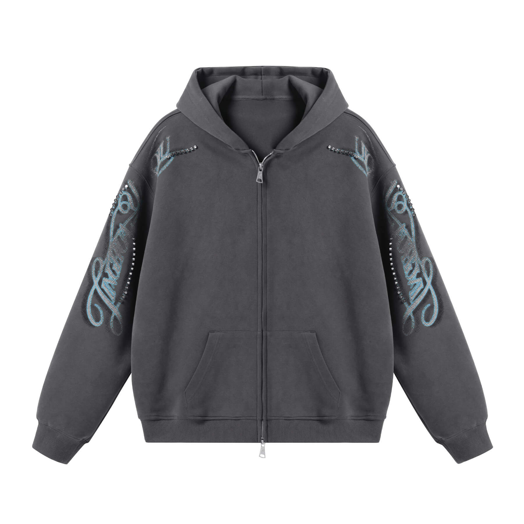 JHYQ Studded Calligraphy Print Double Zipper Hoodie