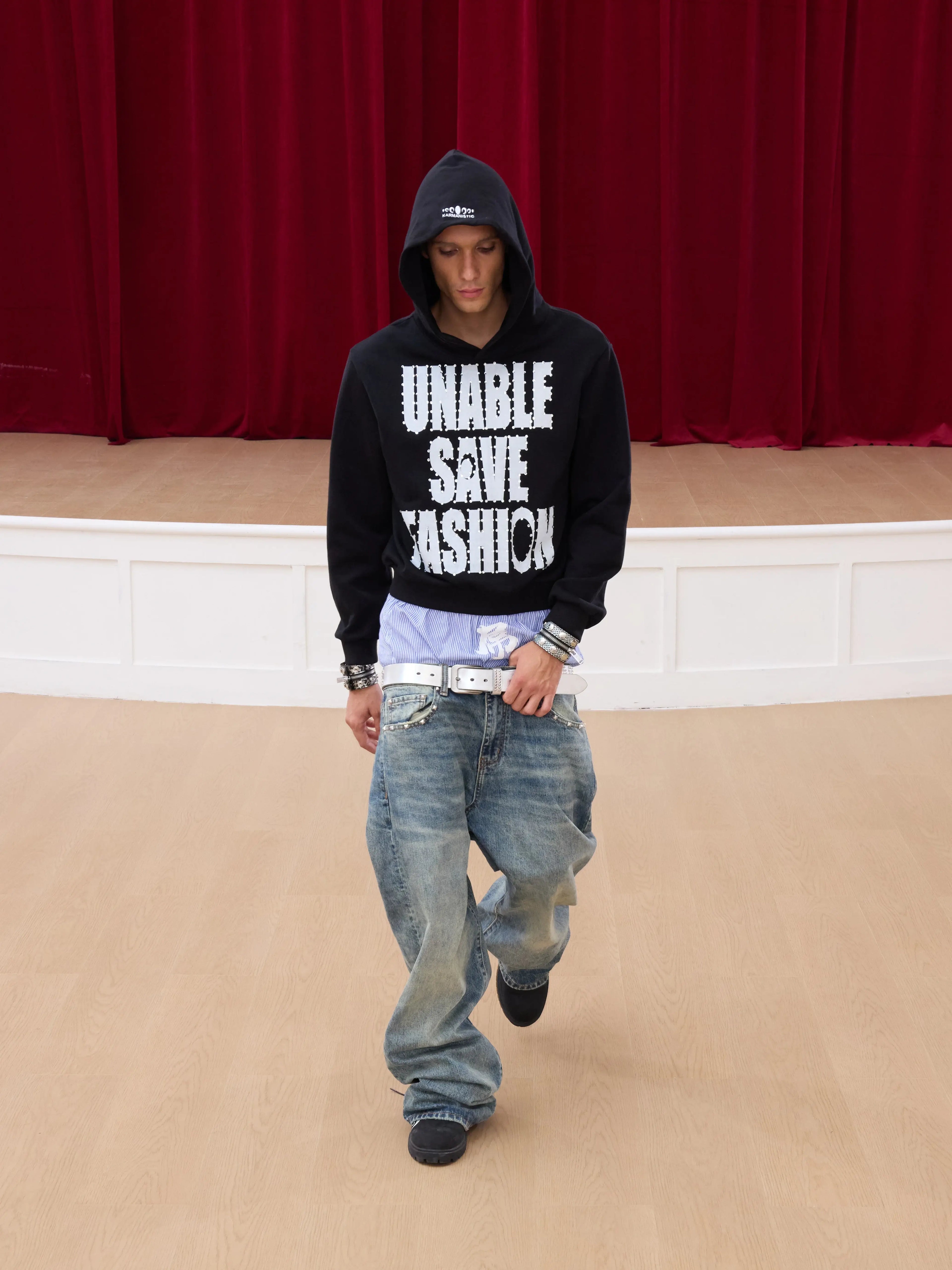 KARMANISTIC Rhinestone Embellished Slogan Print Hoodie