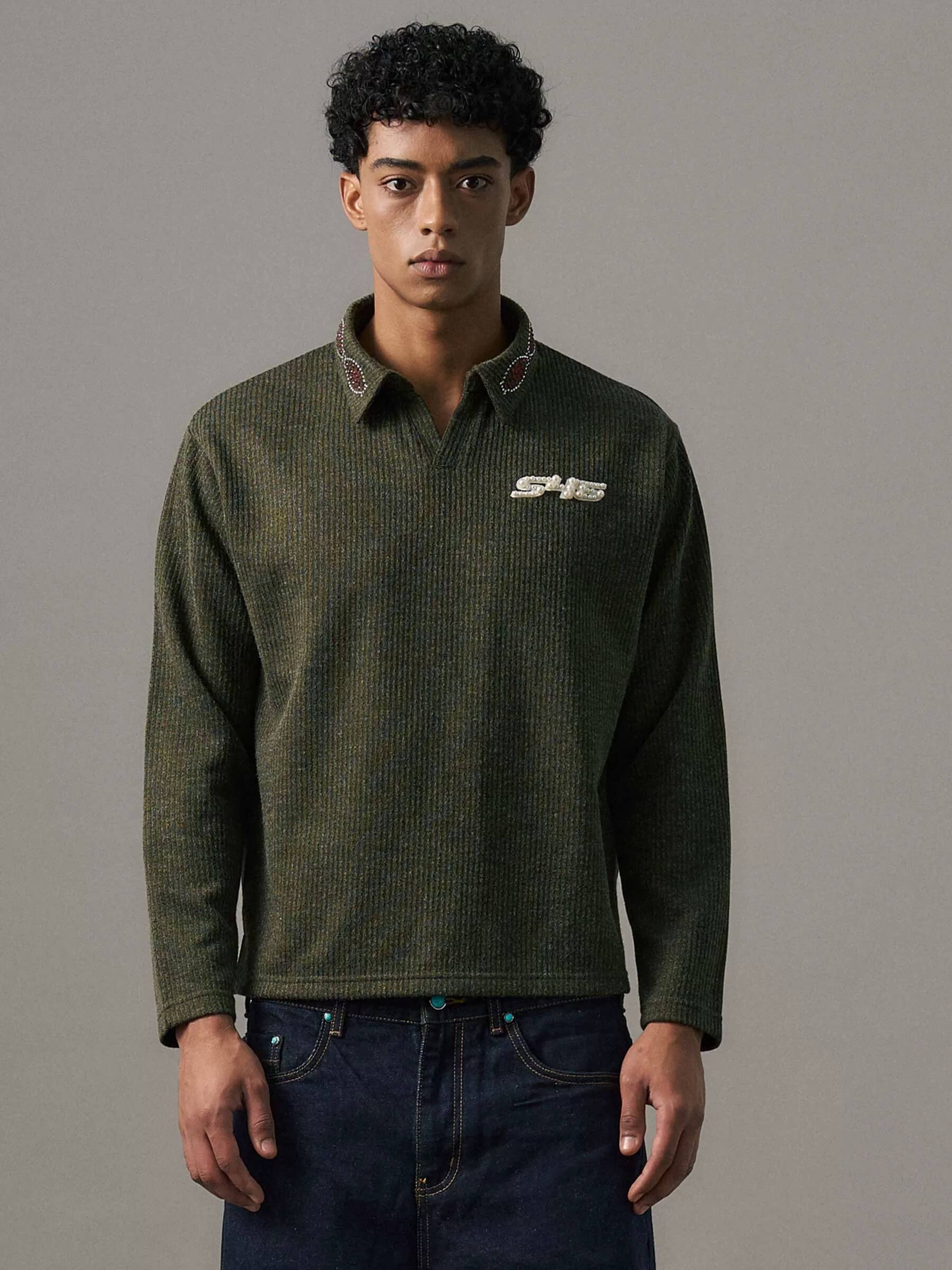 S45 Pearl and Rhinestone Long Sleeve Polo