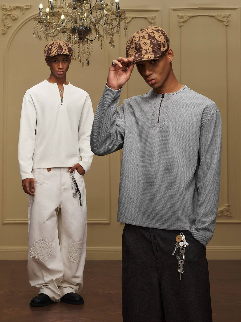 YADcrew Baroque Embroidered Half Zip Waffle Thermal Long Sleeve Tee