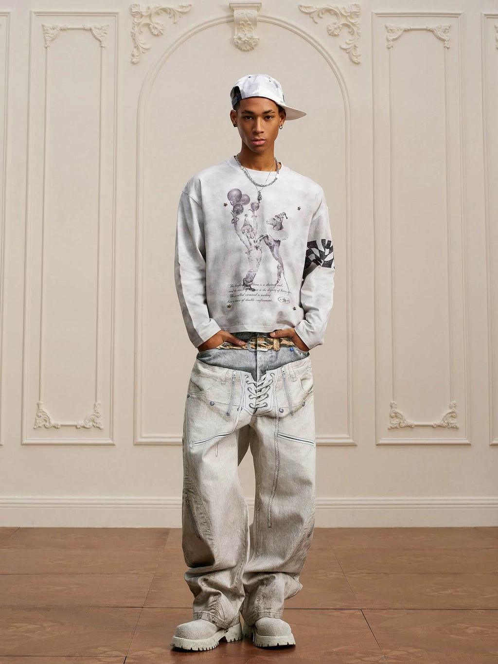 YADcrew Leopard Belt Double Waist 3D Digital Print Machete Jeans